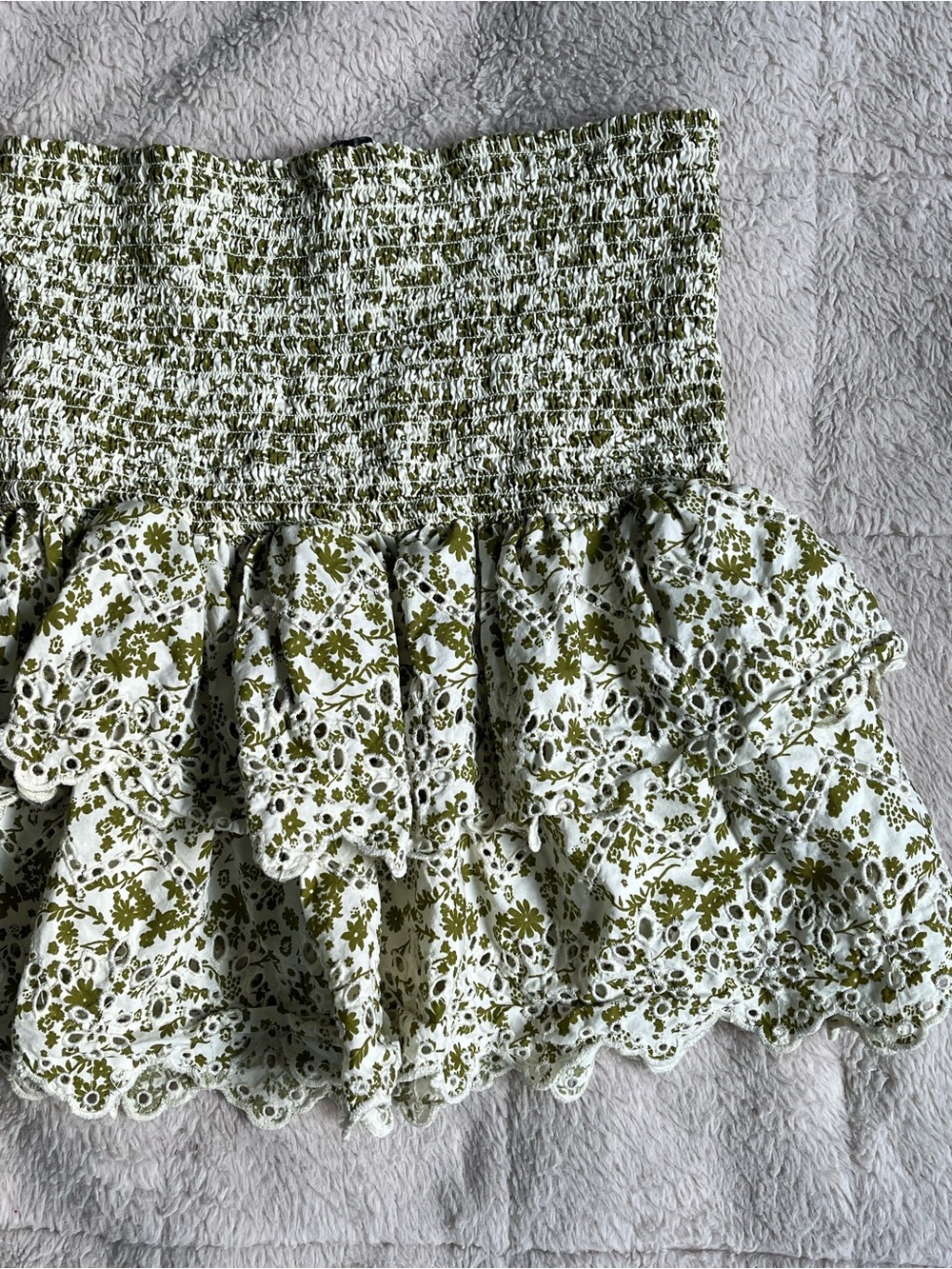 Zara Smocked Waist Mini Skirt with Olive Green Floral Eyelet Size S